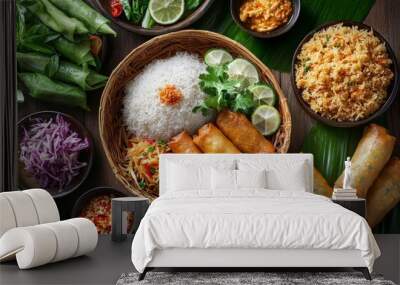 An overhead view of a traditional Thai meal featuring alongside spring rolls and fried rice, showcasing the rich variety of flavors and textures. Wall mural