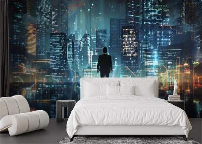 Business technology concept, Professional business man walking on future network city background and futuristic interface graphic at night Wall mural