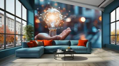 Businessman hand holding creative light bulb with industry network,analysis solution and development marketing network icons planning strategy, Wall mural