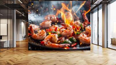 Chef cooking shrimps with mix vegetables on wok frying pan close-up. Prawns on fire throwing them on pan. Restaurant Food concept. Sea food. Wall mural