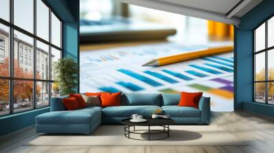 Close-up of a financial graph with a focus on positive growth trends and key performance indicators, set against a backdrop of a bustling business environment. Wall mural