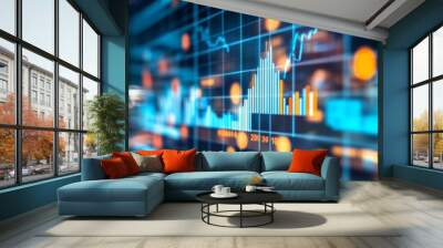 Close-up of a financial graph with a focus on positive growth trends and key performance indicators, set against a backdrop of a bustling business environment. Wall mural