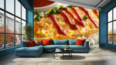 Close-up of a fluffy, golden omelette resting on a bed of white jasmine rice, with crispy edges and soft texture, garnished with chili sauce on the side. Wall mural