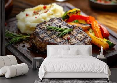 Close-up of a gourmet steak dinner with juicy, grilled beef, seasoned vegetables, and a side of mashed potatoes, capturing the textures and rich presentation. Wall mural