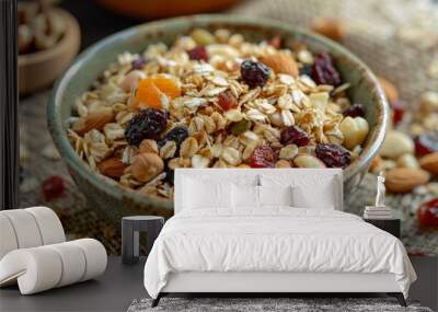 Close up of a healthy bowl of muesli with dried fruit and nuts on a sackcloth. Wall mural