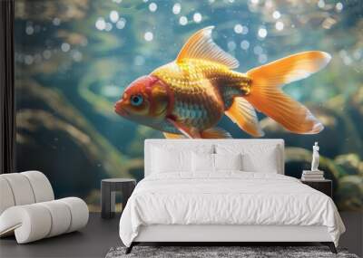 Close-up of a majestic goldfish swimming in a clear pond, its scales shimmering under sunlight, embodying grace and beauty. Wall mural