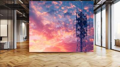 Close-up of a mobile phone signal tower emitting radio waves, facilitating seamless wireless communication for urban and rural areas. Wall mural