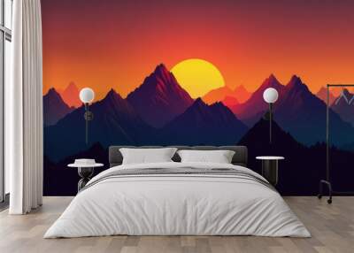 Close-up of a mountain range silhouetted against a vibrant sunset, with the sun dipping behind the peaks Wall mural