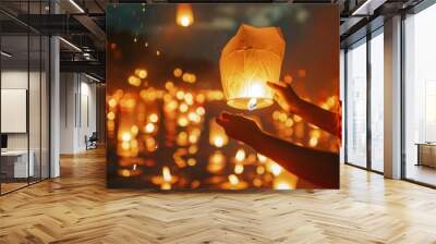 Close-up of a traditional Thai floating lantern being lit before release, a symbol of blessings and gratitude. Wall mural