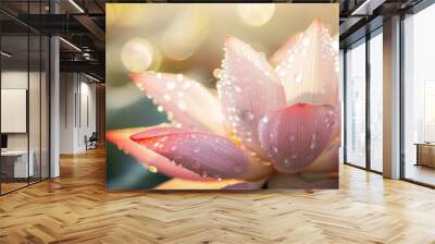 Close-up of dew drops glistening on a delicate lotus flower petal in the morning light Wall mural