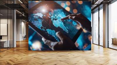 Close-up of hands holding a digital tablet with a global video call in progress, connecting people from around the world. Wall mural