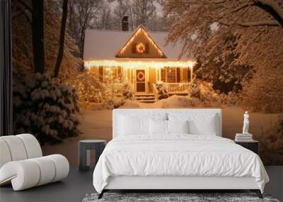 Cozy Winter Cottage with Festive Lights and Snow Wall mural