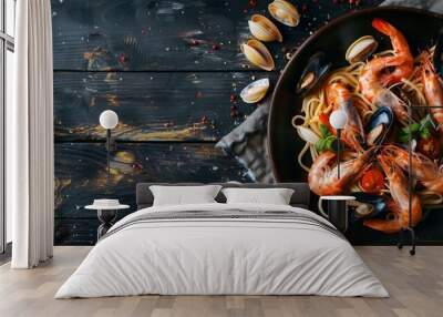 delicious appetizing Fresh Spaghetti with Spicy Mixed Seafood on dark background.Space for text. Overhead. Dark rustic wooden table. Dinner with pasta Wall mural