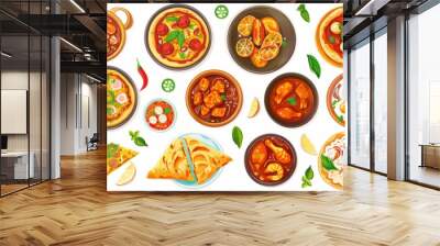 Desi, Indian traditional food set, top view. pizza, hummus, biryani, chicken curry, momos, tikka, korma, samosas. Food collection set isolated on white background. Wall mural