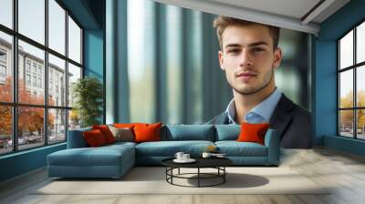 Detailed headshot of a young businessman with clear facial features, wearing a smart blazer, set against a contemporary office background Wall mural