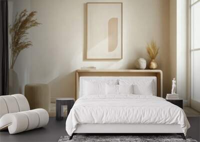 Detailed shot of a minimalist entryway with a sleek console table, simple art, and clean lines Wall mural