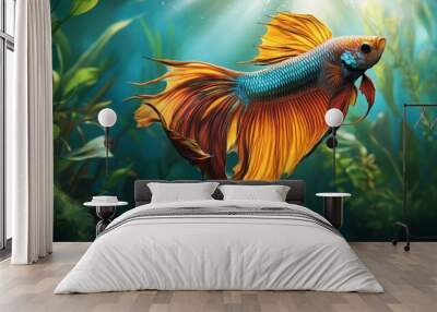 Detailed view of a majestic Betta fish with a full display of its colorful fins and dynamic posture, set against a lush underwater plant backdrop. Wall mural