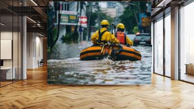 Emergency responders rescuing stranded residents from flooded streets during a flash flood caused by heavy rainfall, highlighting the danger of sudden storms. Wall mural