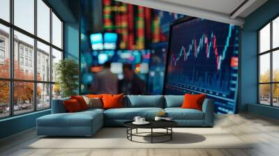 Graph showing stock market fluctuations on a dual-monitor setup, with a busy trading floor in the background. Wall mural