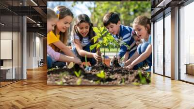 Group of school children planting trees in a park, learning about environmental stewardship and the importance of trees in mitigating climate change Wall mural