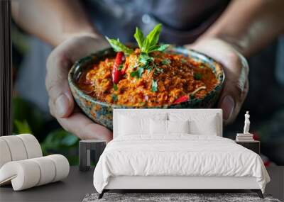 Hands holding a bowl of Thai curry paste made with chili peppers and spices, illustrating the essence of Thai culinary craftsmanship. Wall mural