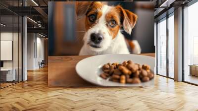 High-angle view of a dog sitting patiently at the dinner table, waiting for a treat Wall mural