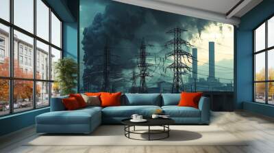 Industrial scene with multiple power poles and transformers, dark clouds in the background Wall mural