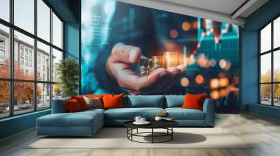 investment and finance concept, businessman holding virtual trading graph and blurred coins on hand, stock market, profits and business growth. Wall mural