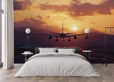 jet plane flying take off from runway on sunset Wall mural