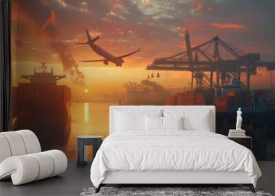 Logistics and transportation of Container Cargo ship and Cargo plane with working crane bridge in shipyard at sunrise, logistic import export and transport Wall mural