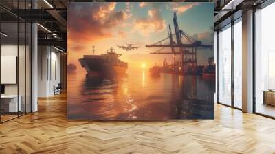 Logistics and transportation of Container Cargo ship and Cargo plane with working crane bridge in shipyard at sunrise, logistic import export and transport Wall mural