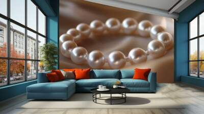 Macro shot of a pearl bracelet resting on a silk fabric, focusing on the soft shimmer and perfect roundness of the pearls. Wall mural