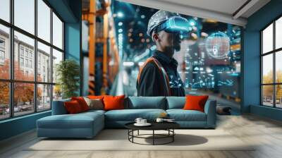 Metaverse Technology. Manager engineer use VR virtual reality goggle analyzing and control logistic network distribution and smart transport intelligent, Industry transport, Logistic of futuristic. Wall mural