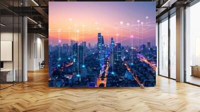 Modern city with wireless network connection concept Wall mural