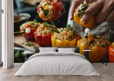 Person stuffing bell peppers with rice and vegetables, preparing a wholesome and delicious vegetarian meal Wall mural