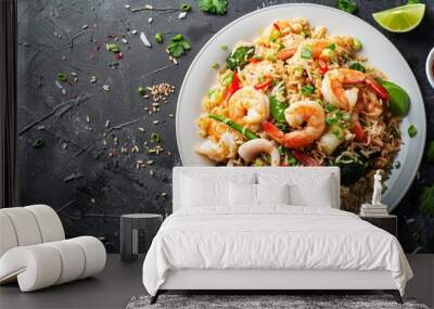 Seafood Tom Yum Fried Rice,Stir fried rice with shrimp and squid with chilli sauce on white plate Wall mural