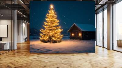 Snowy Winter Scene with Glowing Christmas Tree Wall mural