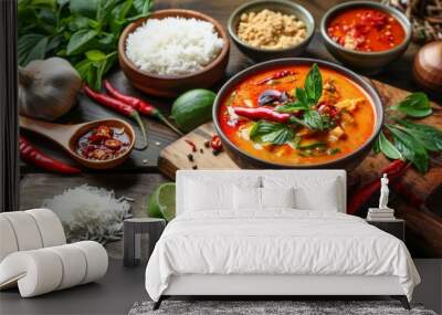 Spicy red curry on bowl and curry paste with jasmine rice on wooden cutting board rounded thai local herb Wall mural