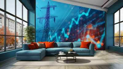 stock market graph with electric pole with blue black energy business blue banner background Wall mural