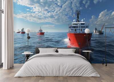 Supply vessels transporting goods to an offshore drilling site, supporting remote operations Wall mural