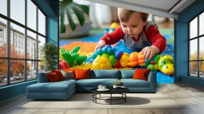 Toddler exploring sensory toys with different textures and colors on a play mat. Wall mural