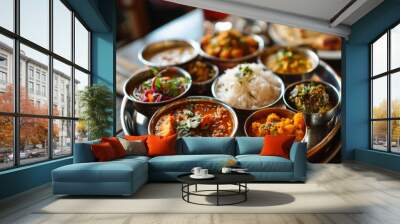 Traditional Indian thali meal served on a stainless steel platter, featuring a variety of curries, rice, and breads. Wall mural