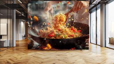 Vibrant Cooking with Fresh Ingredients in Wok Wall mural