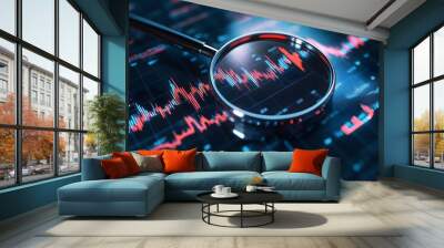 
3D graph up with search notice icon for finance statistic, sell and buy report. analyzing investment money cash and exchange with finance. 3d trading stock report icon vector render illustration Wall mural