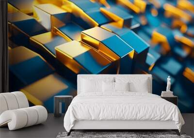 3d rendering of golden and blue abstract geometric background. Scene for advertising, technology, showcase, banner, game, sport, cosmetic, business, metaverse. Sci-Fi Illustration. Product display Wall mural