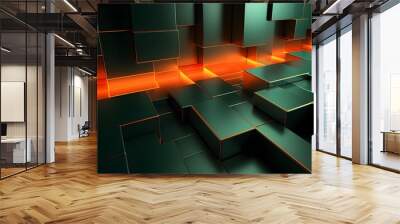 3d rendering of green and orange abstract geometric background. Scene for advertising, technology, showcase, banner, game, sport, cosmetic, business, metaverse. Sci-Fi Illustration. Product display Wall mural