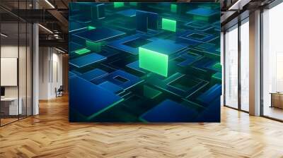 3d rendering of mind green and blue abstract geometric background. Scene for advertising, technology, showcase, banner, game, sport, cosmetic, business, metaverse. Sci-Fi Illustration. Product display Wall mural