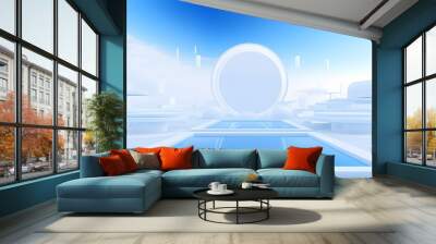 3d rendering of white and blue abstract geometric background. Scene for advertising, technology, showcase, banner, game, sport, cosmetic, business, metaverse. Sci-Fi Illustration. Product display Wall mural