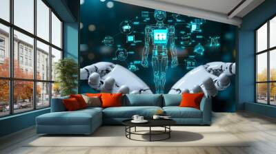 
Healthcare technology, Hands of robot hold healthcare system management tools, health records, medical devices, diagnostics, and patient monitoring technology. Wall mural