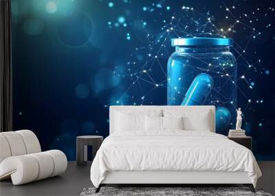 
Plastic bottle with two abstract blue medical drug capsules. Healthcare medical and pharmacy concept. Low poly style. Geometric background Wireframe light connection structure Modern 3d graphic Wall mural